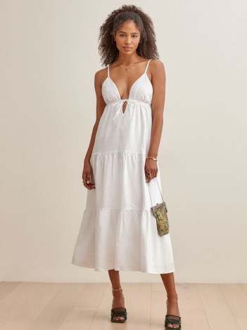 Reformation Odella Linen Dress | white skinny strap summer dresses | plunge front neckline | tiered | empire waist - flipped