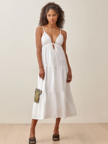 Reformation Odella Linen Dress | white skinny strap summer dresses | plunge front neckline | tiered | empire waist