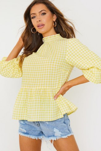 OLIVIA BOWEN YELLOW CHECK HIGH BECK SMOCK TOP WITH BALLOON SLEEVE – smocked summer tops - flipped