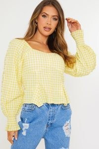 OLIVIA BOWEN YELLOW CHECK SWEETHEART BLOUSE WITH PUFF SLEEVE / summer blouses