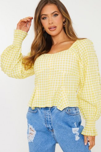 OLIVIA BOWEN YELLOW CHECK SWEETHEART BLOUSE WITH PUFF SLEEVE / summer blouses - flipped