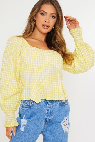 OLIVIA BOWEN YELLOW CHECK SWEETHEART BLOUSE WITH PUFF SLEEVE / summer blouses
