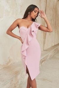 lavish alice one shoulder ruffle corset midi dress in lilac pink