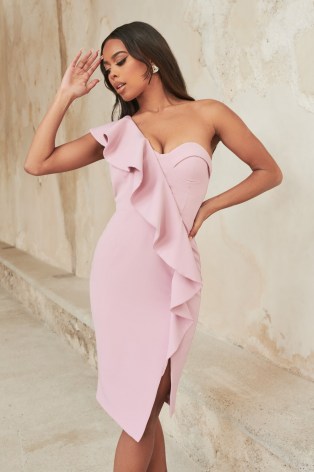lavish alice one shoulder ruffle corset midi dress in lilac pink - flipped