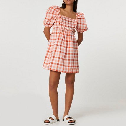 River Island Orange puff sleeve check print mini dress | square neck shirred bodice dresses - flipped