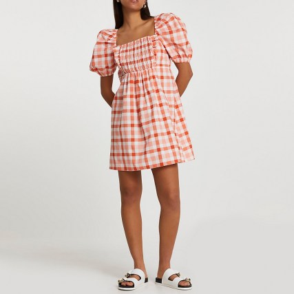 River Island Orange puff sleeve check print mini dress | square neck shirred bodice dresses