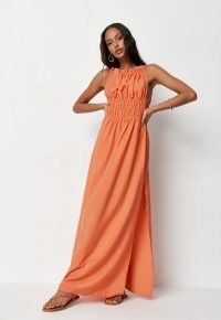 Missguided orange shirred waist sleeveless maxi dress – summer thigh high split dresses