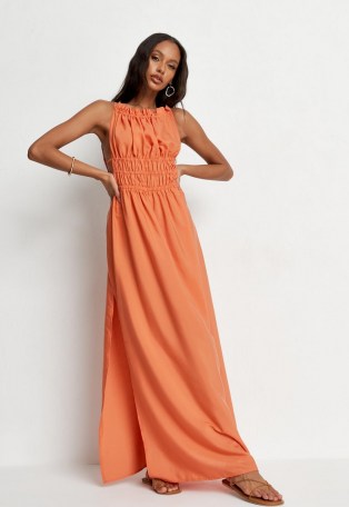 Missguided orange shirred waist sleeveless maxi dress – summer thigh high split dresses - flipped