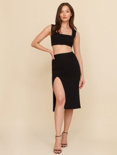 Reformation Ozzie Two Piece | thigh high slit skirts | black crop top and skirt fashion set - flipped