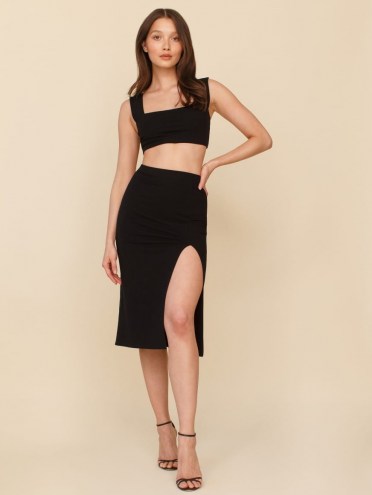 Reformation Ozzie Two Piece | thigh high slit skirts | black crop top and skirt fashion set