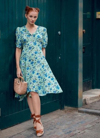 ROYAL ASCOT x L.K. BENNETT PAMI GREEN ROMANCE FLORAL SILK DRESS – vintage style summer dresses - flipped