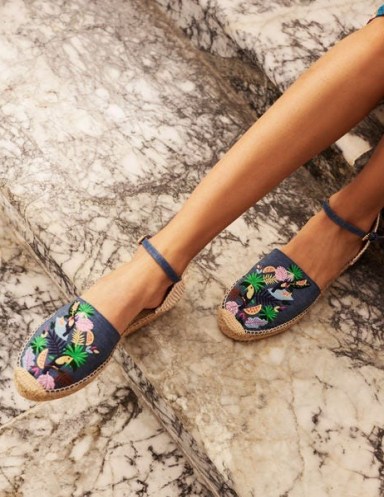 BODEN Peggy Espadrilles Chambray Toucan / blue denim bird embroidered espadrille sandals - flipped