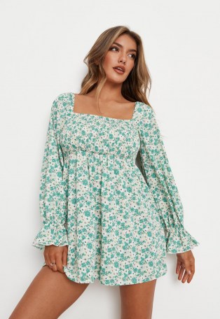 MISSGUIDED petite green milkmaid shirred bust floral blouse - flipped