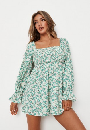 MISSGUIDED petite green milkmaid shirred bust floral blouse