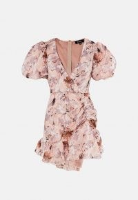Missguided petite pink floral puff sleeve frill mini dress | plunge front going out dresses