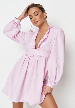 MISSGUIDED petite pink stripe frill plunge mini dress ~ deep V-neck plunging dresses - flipped