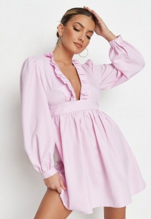 MISSGUIDED petite pink stripe frill plunge mini dress ~ deep V-neck plunging dresses