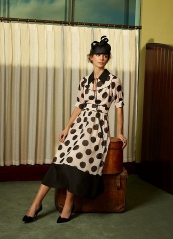 L.K. BENNETT PIERRE MONOCHROME OVERSIZED SPOT PRINT GEORGETTE DRESS – summer occasionwear – occasion outfits