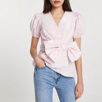 River Island Pink bow front peplum blouse top – puff sleeve blouses with statement bows