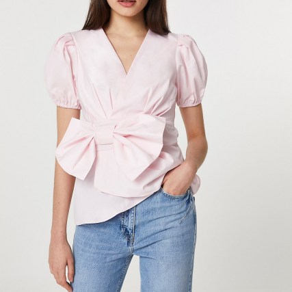 River Island Pink bow front peplum blouse top – puff sleeve blouses with statement bows - flipped