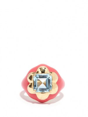 BEA BONGIASCA Floral Disco topaz, 9kt gold & pink enamel ring ~ eye-catching blue stone rings - flipped