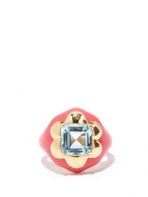 BEA BONGIASCA Floral Disco topaz, 9kt gold & pink enamel ring ~ eye-catching blue stone rings