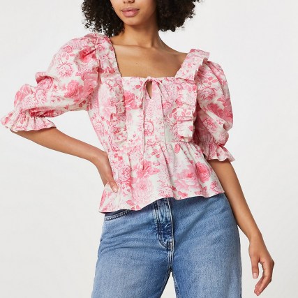 River Island Pink floral frill hem blouse top – puff sleeve tops - flipped