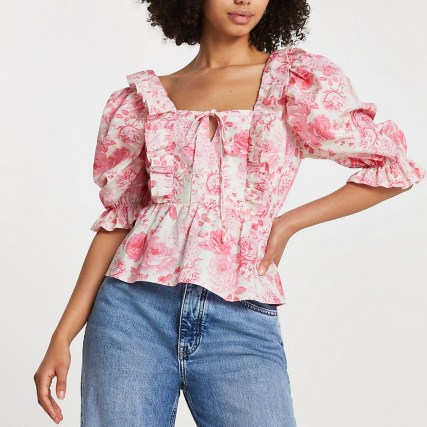 River Island Pink floral frill hem blouse top – puff sleeve tops