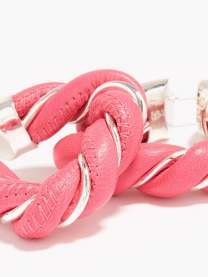 BOTTEGA VENETA Pink leather & sterling-silver triangle hoop earrings - flipped