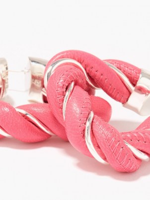 BOTTEGA VENETA Pink leather & sterling-silver triangle hoop earrings