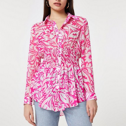 RIVER ISLAND Pink long sleeve floral shirred waist shirt - flipped