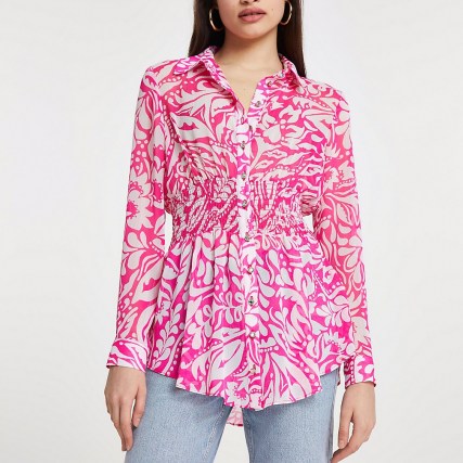 RIVER ISLAND Pink long sleeve floral shirred waist shirt