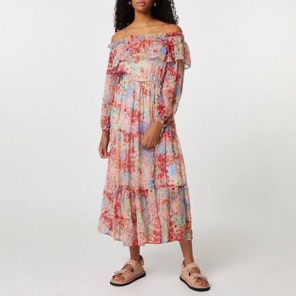 River Island Pink long sleeve off bardot floral dress – tiered, off the shoulder, bohemian style summer dresses - flipped