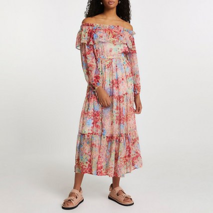 River Island Pink long sleeve off bardot floral dress – tiered, off the shoulder, bohemian style summer dresses