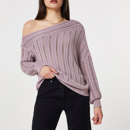 River Island Pink off shoulder crochet top – long sleeve asymmetric knitted tops - flipped