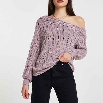River Island Pink off shoulder crochet top – long sleeve asymmetric knitted tops