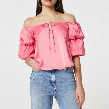 RIVER ISLAND Pink puff sleeve bardot top ~ off the shoulder tops - flipped