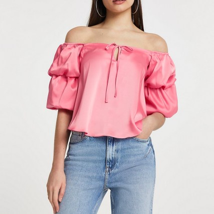 RIVER ISLAND Pink puff sleeve bardot top ~ off the shoulder tops