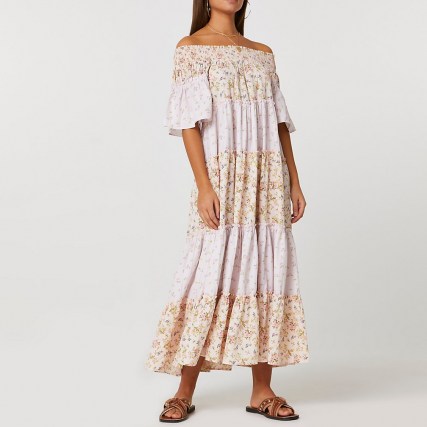 River Island Pink short sleeve bardot tiered maxi dress – vintage style off the shoulder summer dresses – 70s look fashion - flipped