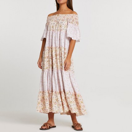 River Island Pink short sleeve bardot tiered maxi dress – vintage style off the shoulder summer dresses – 70s look fashion