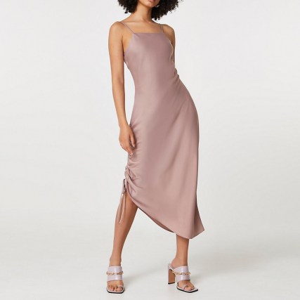 River Island Pink square neck ruched midi slip dress | asymmetric cami dresses - flipped