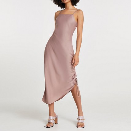 River Island Pink square neck ruched midi slip dress | asymmetric cami dresses