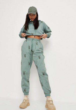playboy x missguided khaki bunny all over print oversized joggers ~ green logo jogging bottoms - flipped