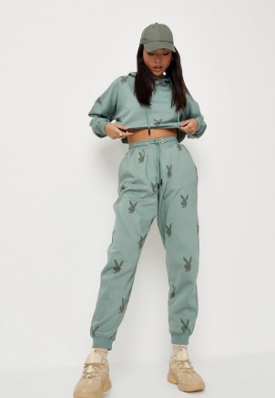playboy x missguided khaki bunny all over print oversized joggers ~ green logo jogging bottoms
