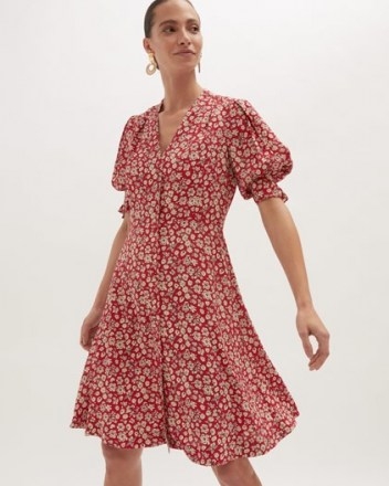 JIGSAW PRIMROSE SHORT TEA DRESS / red floral puff sleeve dresses - flipped