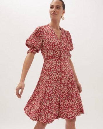 JIGSAW PRIMROSE SHORT TEA DRESS / red floral puff sleeve dresses