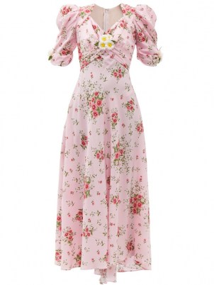 RODARTE Puffed-sleeve floral-print silk-crepe dress | pink vintage style occasion dresses - flipped