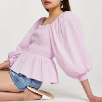 River Island Purple long sleeve shirred picnic top – square neck fitted bodice peplum tops with volume sleeves