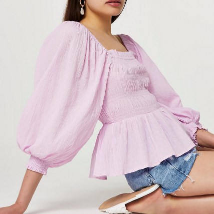 River Island Purple long sleeve shirred picnic top – square neck fitted bodice peplum tops with volume sleeves - flipped