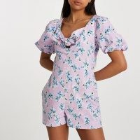 RIVER ISLAND Purple puff sleeve floral tie front playsuit ~ short sleeve bow detail playsuits